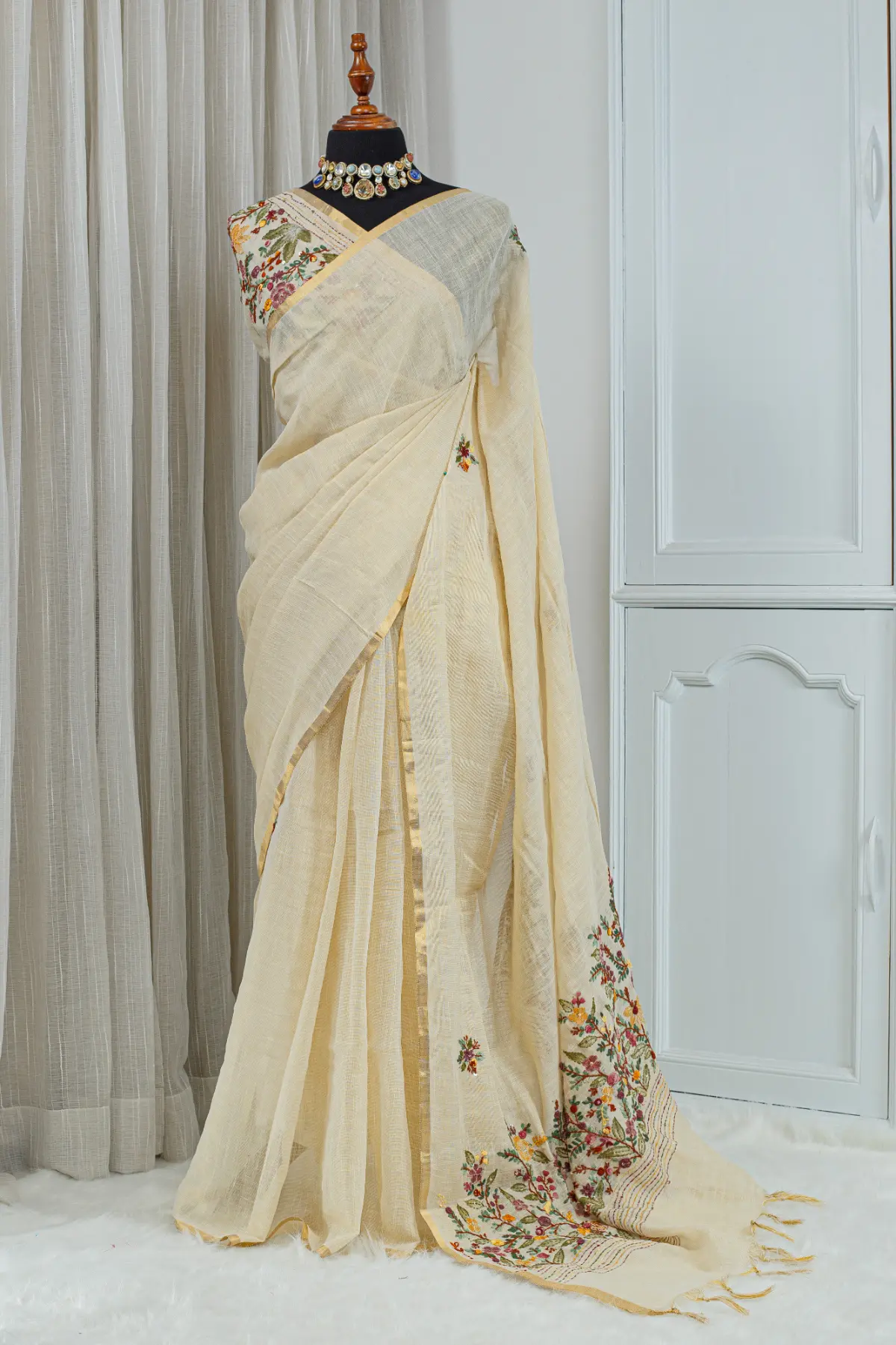 Cotton Linen Embroidery & French Knot Saree – Ivory Multi-Colour 00084