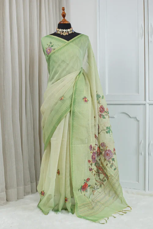 Cotton Linen Embroidery & French Knot Saree – Pastel Green