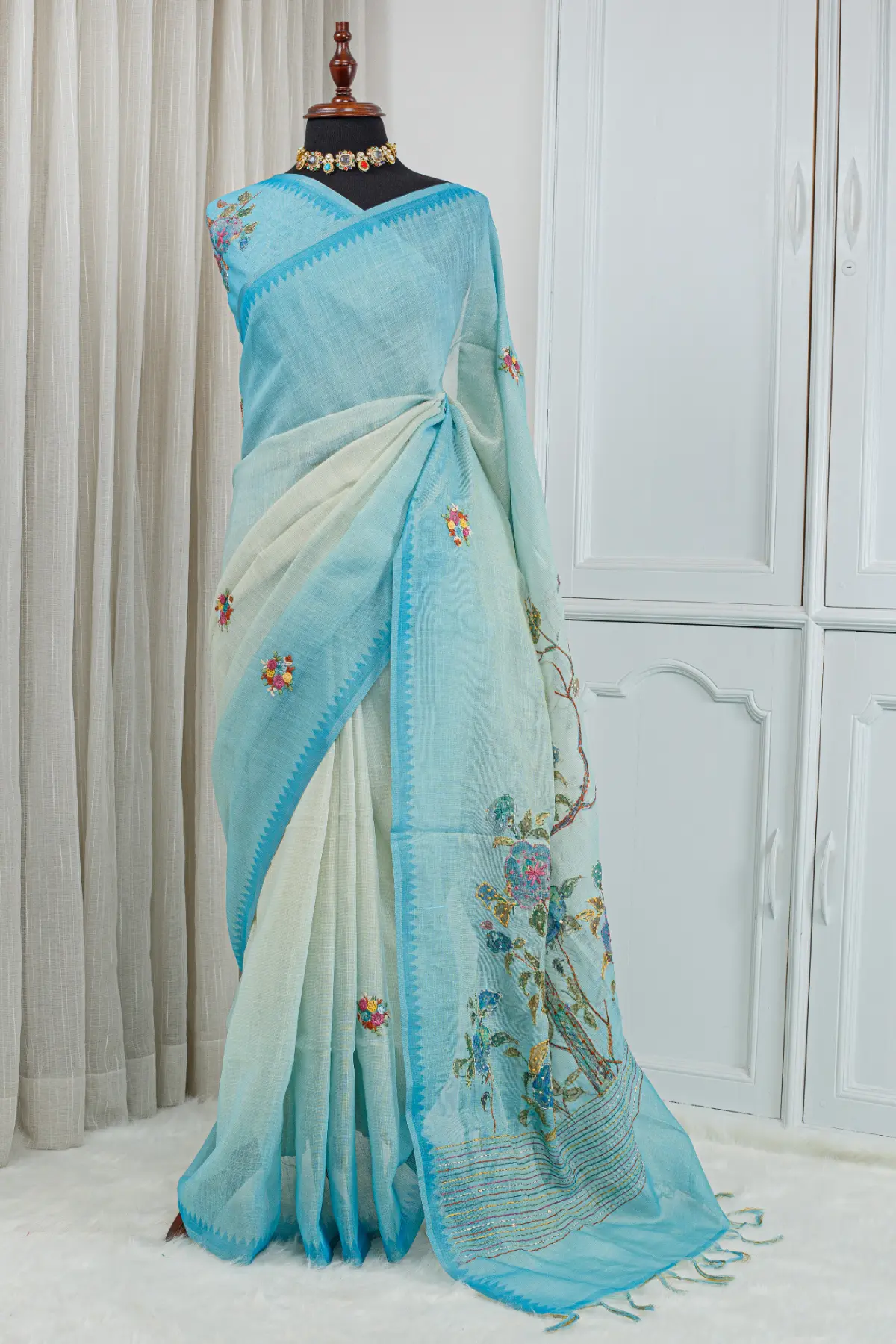 Cotton Linen Embroidery & French Knot Saree – Aqua Blue