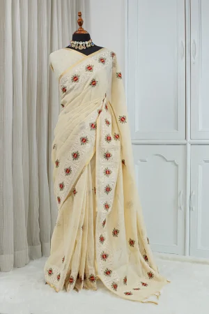 Cotton Linen Embroidery Saree – Ivory with Red Floral Detailing 00085