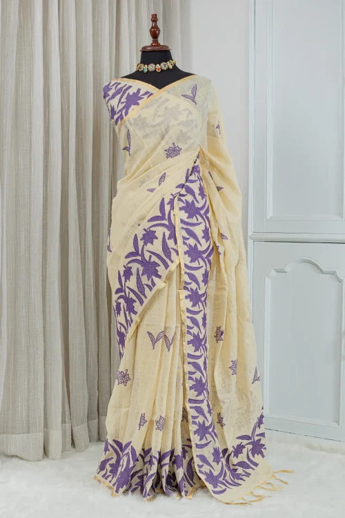 Cotton Linen Appliqué Work Saree – Ivory & Purple 00086