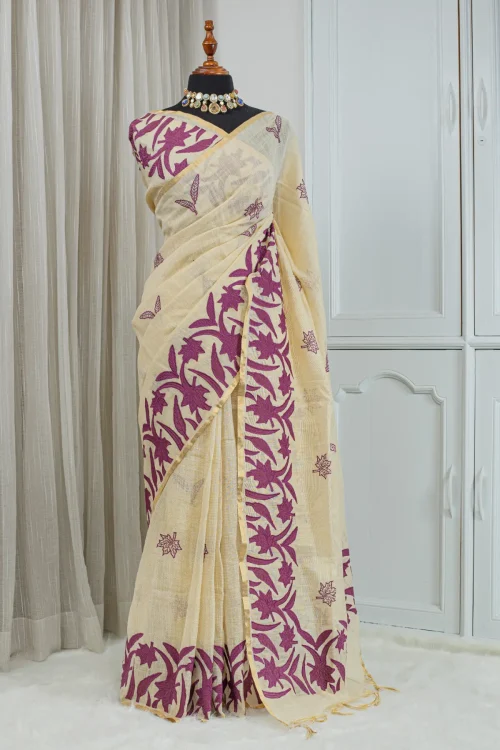Cotton Linen Appliqué Work Saree – Ivory & Magenta 00089