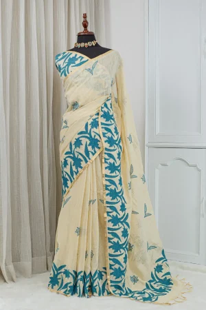 Cotton Linen Appliqué Work Saree – Ivory & Teal Blue 00088