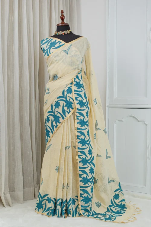 Cotton Linen Appliqué Work Saree – Ivory & Teal Blue 00088