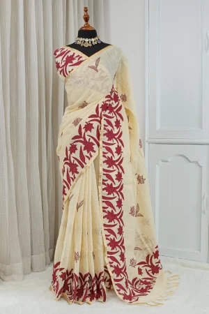 Cotton Linen Appliqué Work Saree – Ivory & Deep Red 00087
