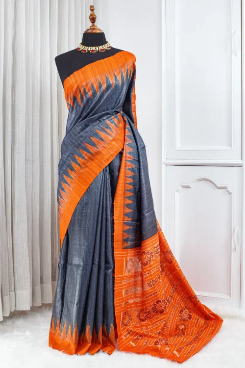 Vidarbha Saree – Charcoal Blue & Burnt Orange