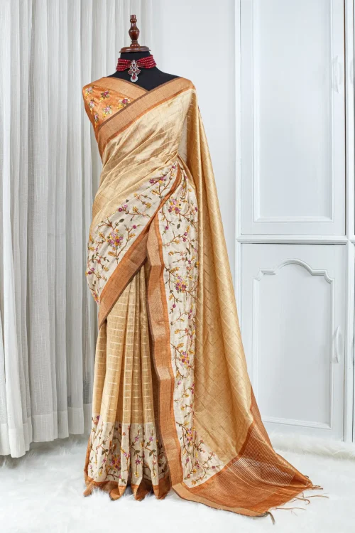 Tussar French Knot Saree – Golden Beige & Rust 00094