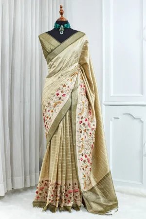 Tussar French Knot Saree – Antique Beige & Olive Green 00095