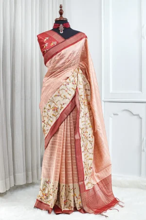 Tussar French Knot Saree – Blush Peach & Deep Rose 00096