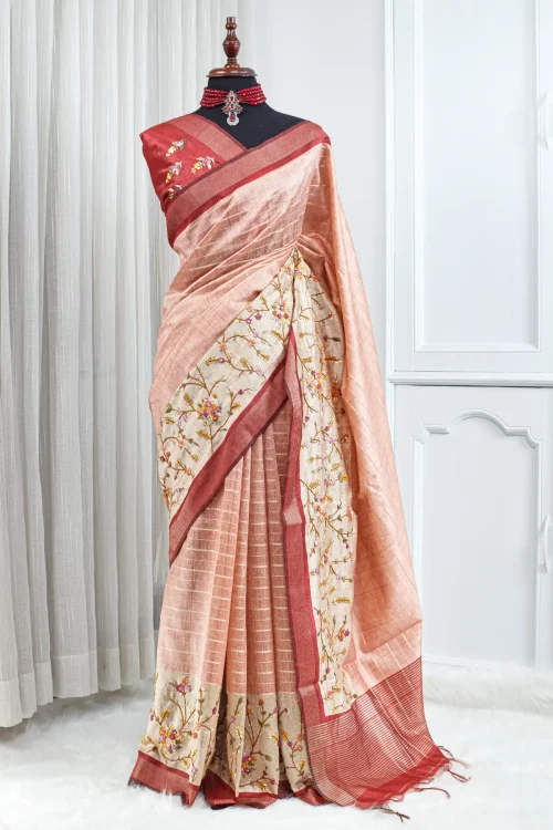 Tussar French Knot Saree – Blush Peach & Deep Rose 00096