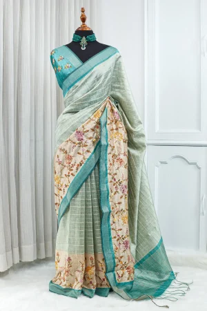 Tussar French Knot Saree – Sage Green & Teal 00097