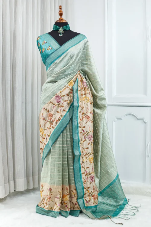 Tussar French Knot Saree – Sage Green & Teal 00097