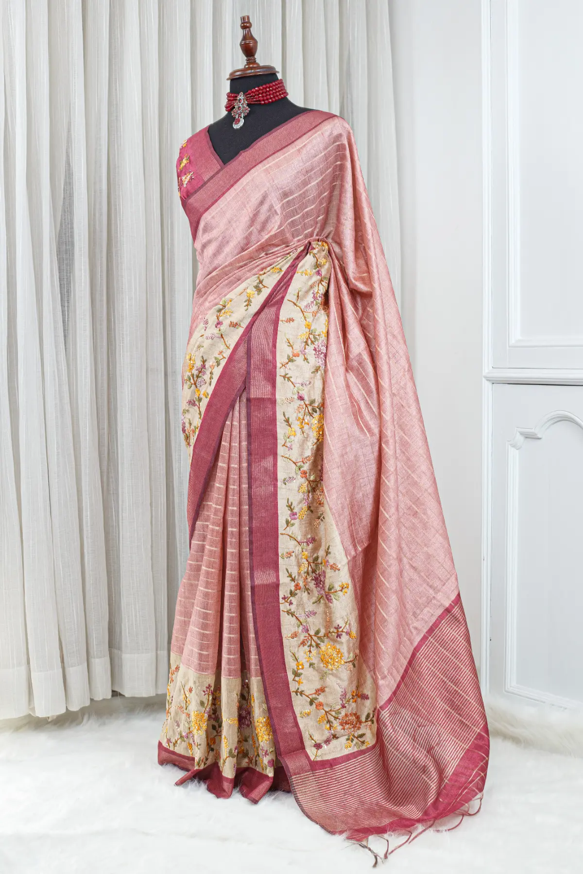 Tussar French Knot Saree – Dusty Rose & Berry 00098 - Image 2