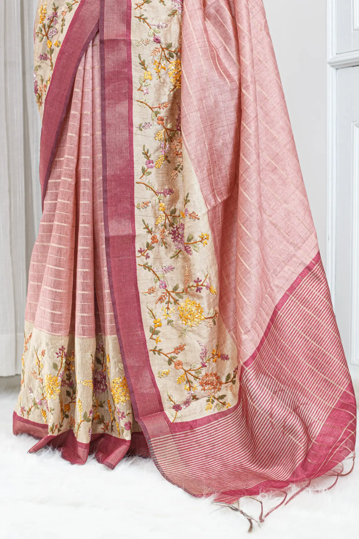 Tussar French Knot Saree – Dusty Rose & Berry 00098 - Image 3
