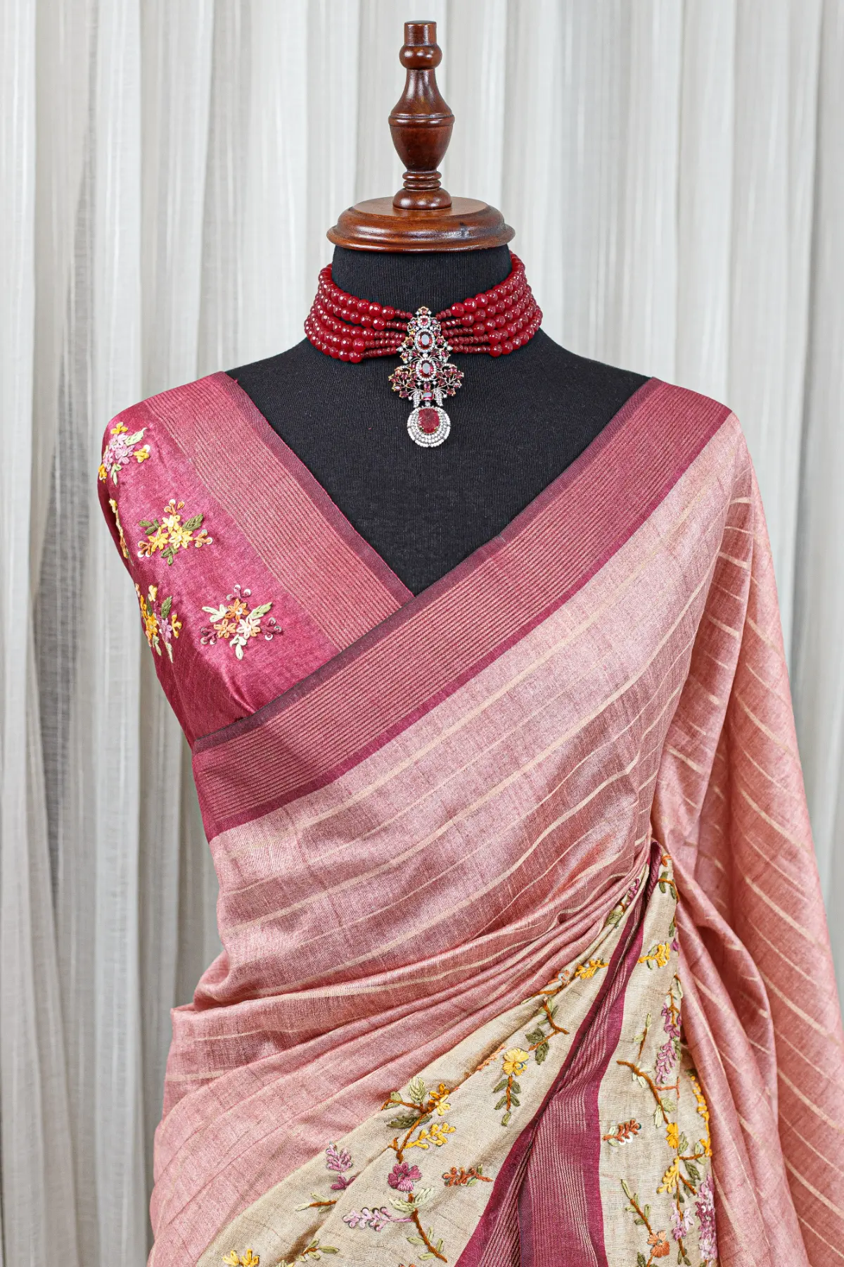 Tussar French Knot Saree – Dusty Rose & Berry 00098 - Image 4