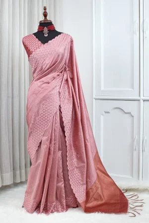 Tussar Embroidery & Burg Work Saree – Dusty Rose Pink 000102
