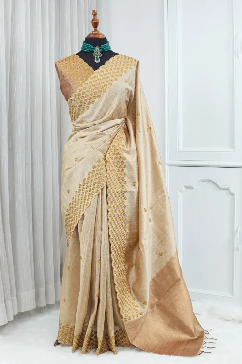 Tussar Embroidery & Burg Work Saree – Champagne Beige & Antique Gold 000104
