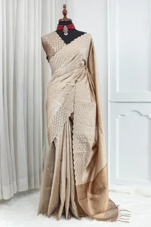 Tussar Embroidery & Burg Work Saree – Soft Taupe Beige 000105