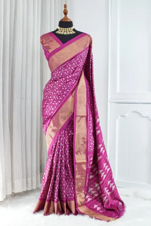 Silk Ikkat Saree – Magenta Purple & Antique Gold 00099