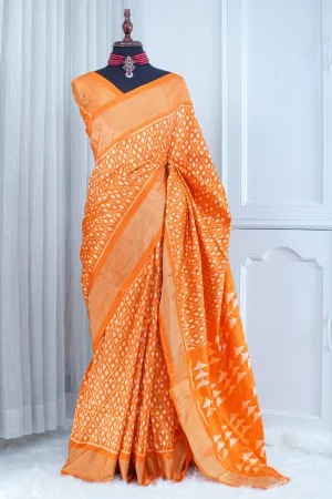 Silk Ikkat Saree – Vibrant Orange & Antique Gold 000100