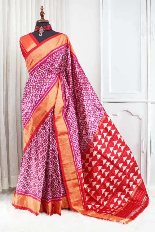 Silk Ikkat Saree – Magenta Pink, Red & Antique Gold 000101