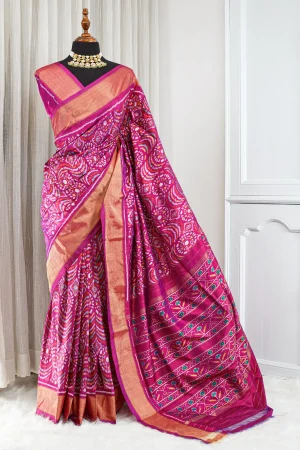 Silk Ikkat Saree – Deep Magenta with Multicolour Weaving & Antique Gold 000103