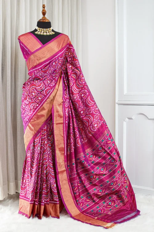Silk Ikkat Saree – Deep Magenta with Multicolour Weaving & Antique Gold 000103