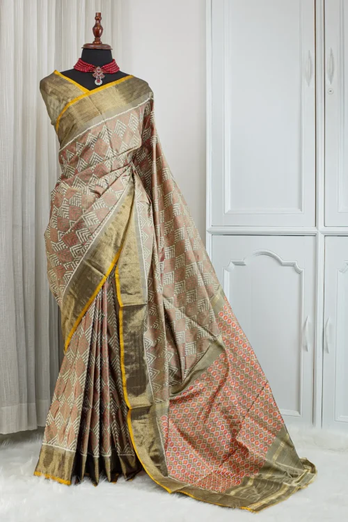 Silk Ikkat Saree – Antique Olive Gold with Coral & Ivory