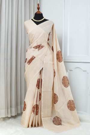 Kota Embroidery Work Saree – Soft Ivory Beige with Brown Motifs 000133