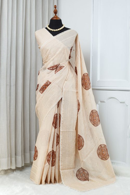 Kota Embroidery Work Saree – Soft Ivory Beige with Brown Motifs 000133