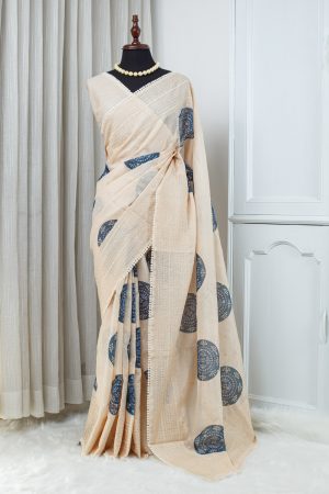 Kota Embroidery Work Saree – Soft Ivory Beige with Indigo Blue Motifs 000134