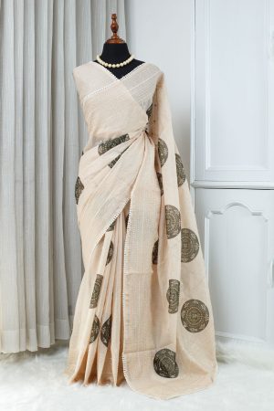 Kota Embroidery Work Saree – Soft Ivory Beige with Olive Green Motifs 000135