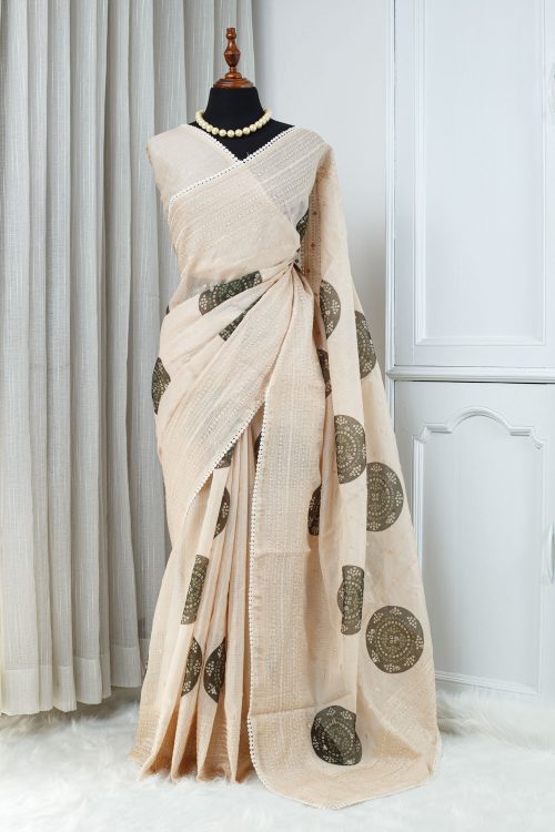 Kota Embroidery Work Saree – Soft Ivory Beige with Olive Green Motifs 000135