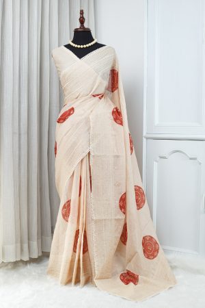 Kota Embroidery Work Saree – Soft Ivory Beige with Rust Red Motifs 000136