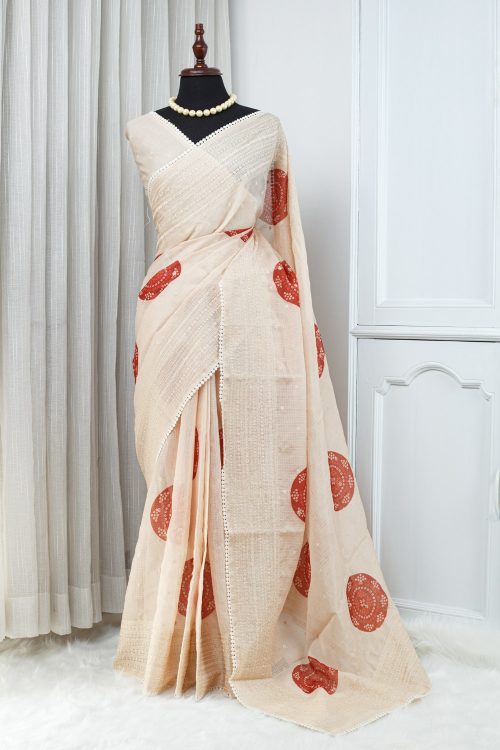 Kota Embroidery Work Saree – Soft Ivory Beige with Rust Red Motifs 000136