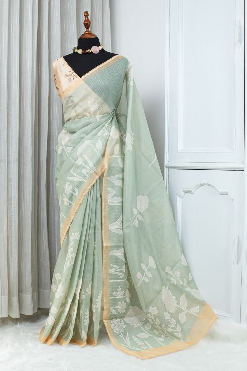 Soft Kota Appliqué Saree – Pastel Mint Green with Ivory Floral Appliqué 000124