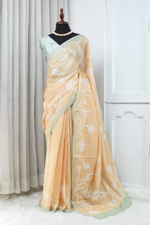 Soft Kota Appliqué Saree – Peach with Mint Green Border & Ivory Floral Applique 000125