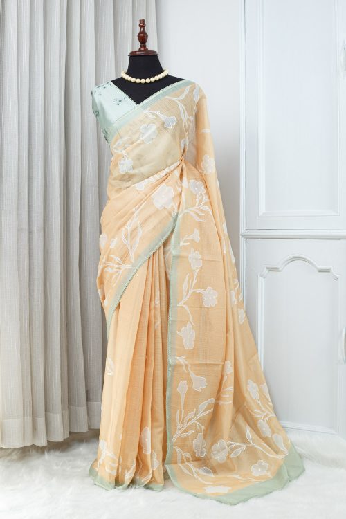 Soft Kota Appliqué Saree – Peach with Mint Green Border & Ivory Floral Applique 000125