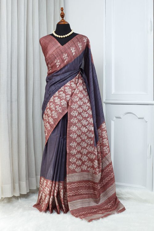 Tussar Kantha Stitch Saree – Charcoal Purple with Rust & Ivory Detailing