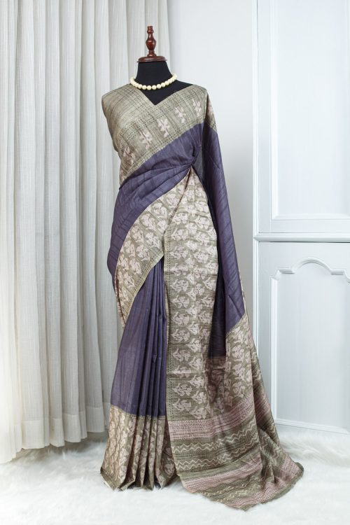 Tussar Kantha Stitch Saree – Deep Smoky Purple with Olive Taupe & Soft Blush Detailing