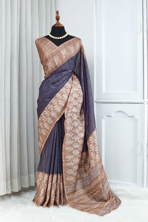 Tussar Kantha Stitch Saree – Smoky Purple with Earthy Brown & Ivory Detailing 000126