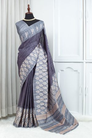 Tussar Kantha Stitch Saree – Smoky Purple with Slate Grey & Soft Beige Detailing 000127