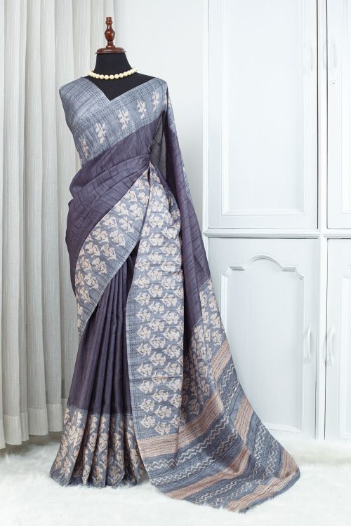 Tussar Kantha Stitch Saree – Smoky Purple with Slate Grey & Soft Beige Detailing 000127