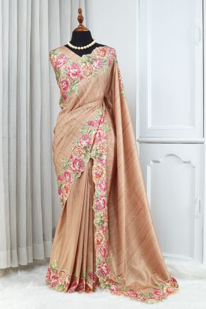Semi Tussar Silk Saree – Warm Peach Beige with Floral Border 000121
