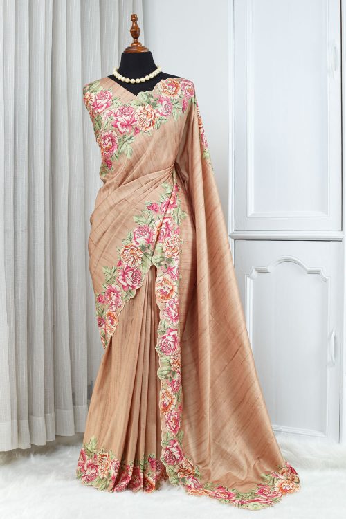 Semi Tussar Silk Saree – Warm Peach Beige with Floral Border 000121