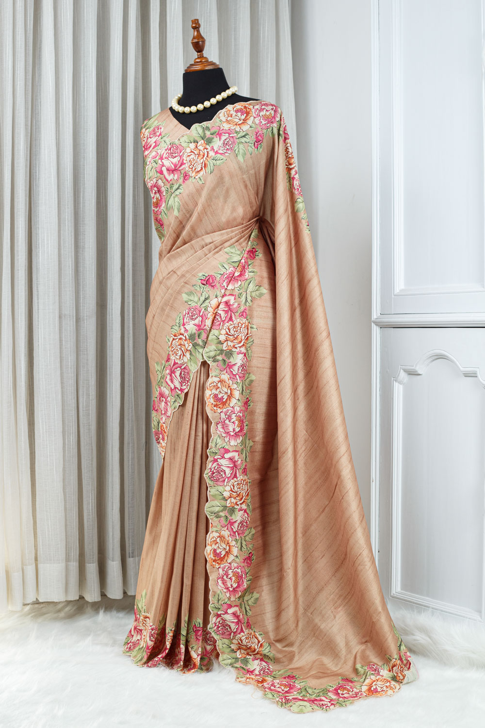 Semi Tussar Silk Saree – Warm Peach Beige with Floral Border 000121 - Image 2