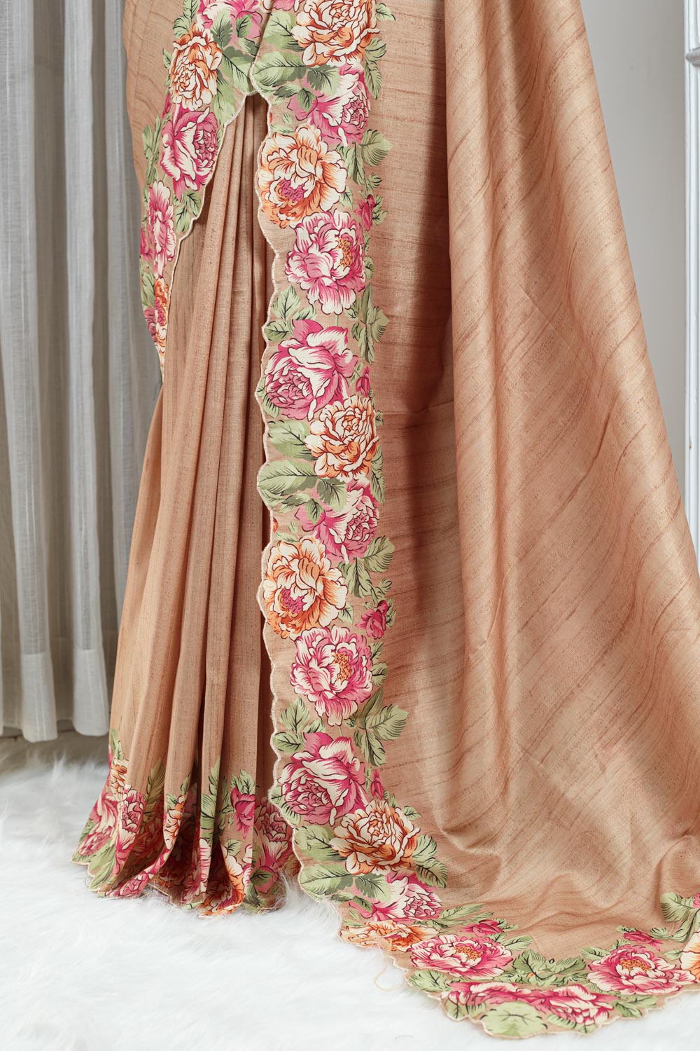 Semi Tussar Silk Saree – Warm Peach Beige with Floral Border 000121 - Image 3