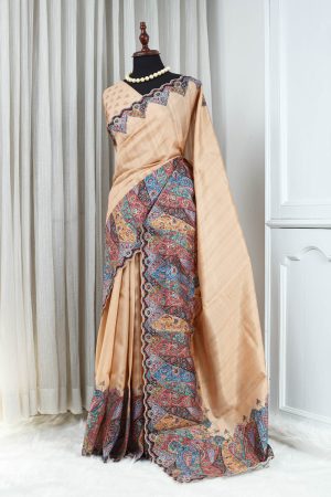 Semi Tussar Saree – Soft Peach Beige with Multicolour Kani Design, Jari Embroidery & Cutwork 000129