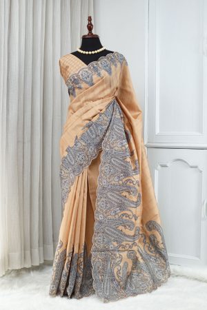Semi Tussar Saree – Peach Beige with Kani Design, Jari Embroidery & Cutwork 000128