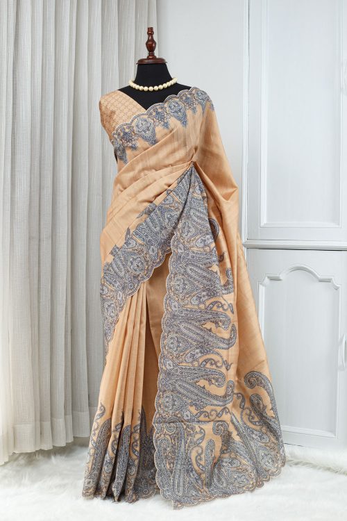 Semi Tussar Saree – Peach Beige with Kani Design, Jari Embroidery & Cutwork 000128
